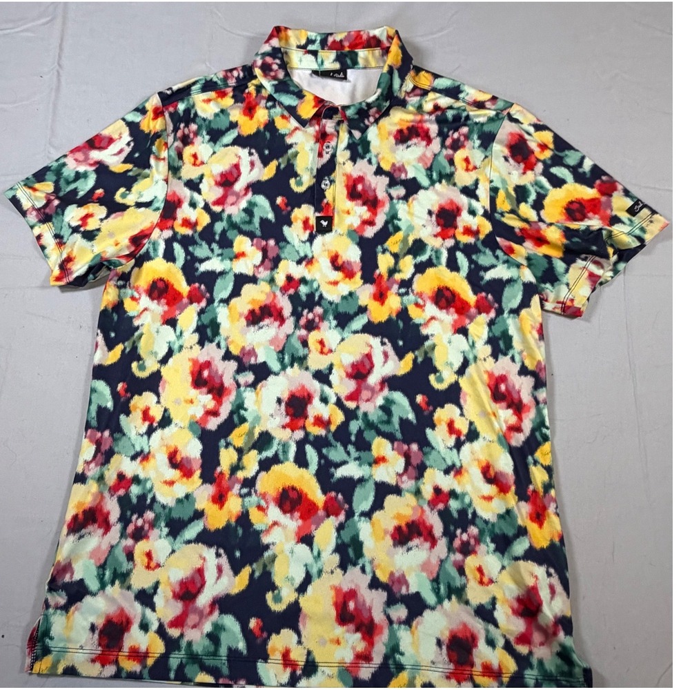 Bad Birdie Mens Floral Impressionist Golf Polo Shirt Multicolor Size Large